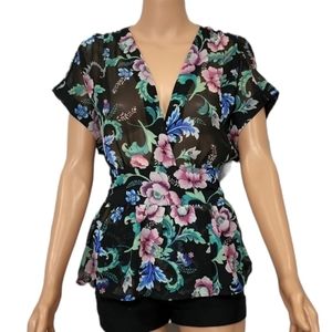 Express Black Floral Tie‎ Back Kimono Sheer Blouse Ruffle Trim  Size SP